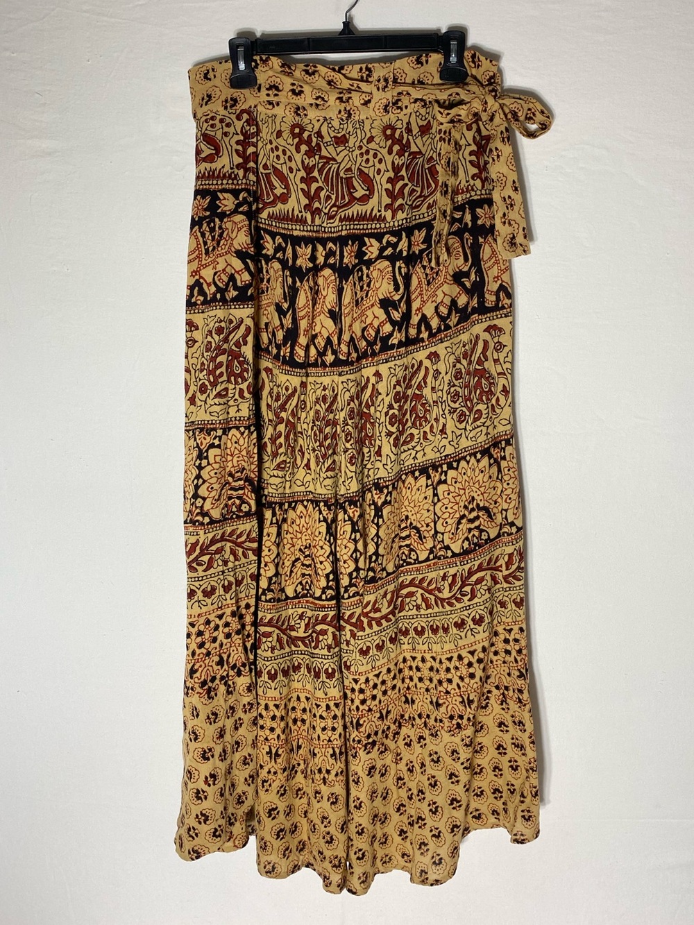 Vintage 70s Style Indian Cotton Elephant Print Maxi Length Wrap Skirt Boho L